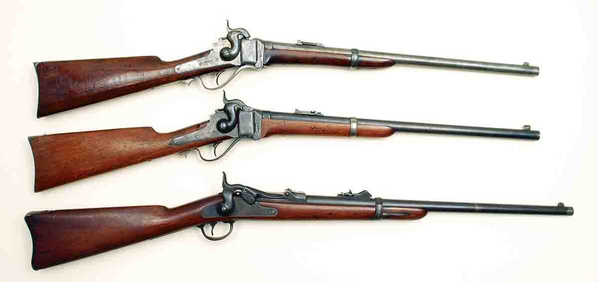 These three military carbines were used by U.S. Cavalry at one time or another. Top to bottom: Model 1863 .52 percussion Sharps, Model 1863 Sharps Carbine converted to fire .50-70 (circa 1867/1868), Model 1873 “trapdoor” Springfield .45  Government.